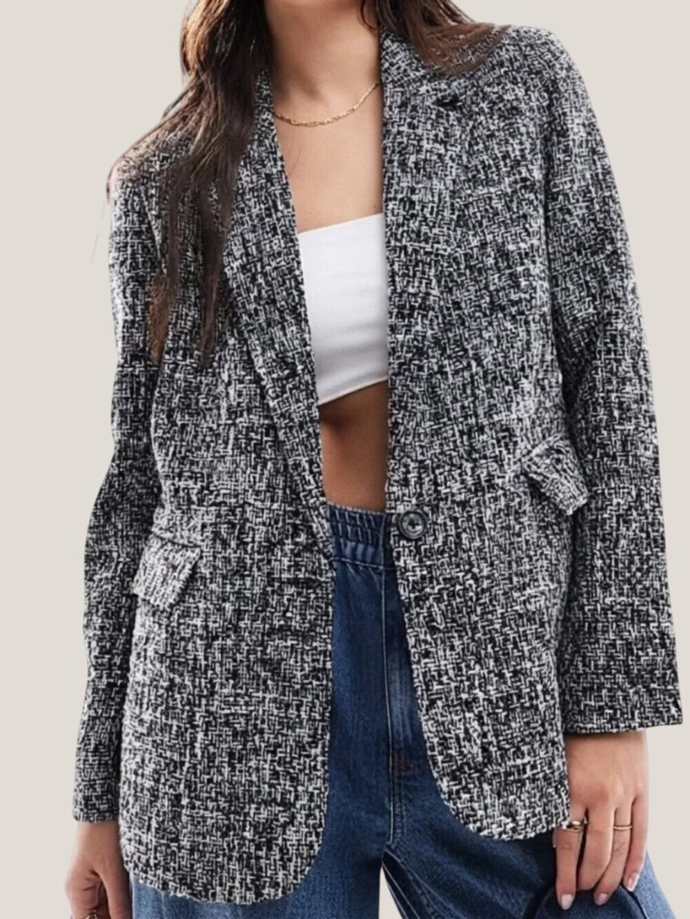 Abercrombie & Fitch Tweed Blazer Jacket Long Sleeve Black White Medium